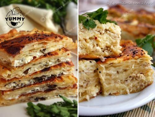 Пирог с сыром и фаршем.
