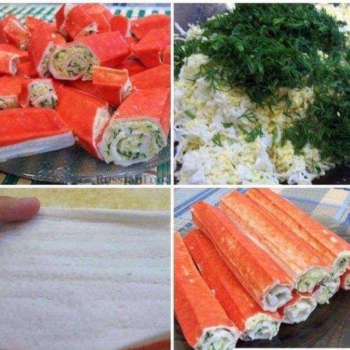 Рулеты из крабовых палочек.