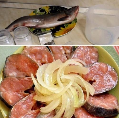 Соленая горбуша в масле с луком.